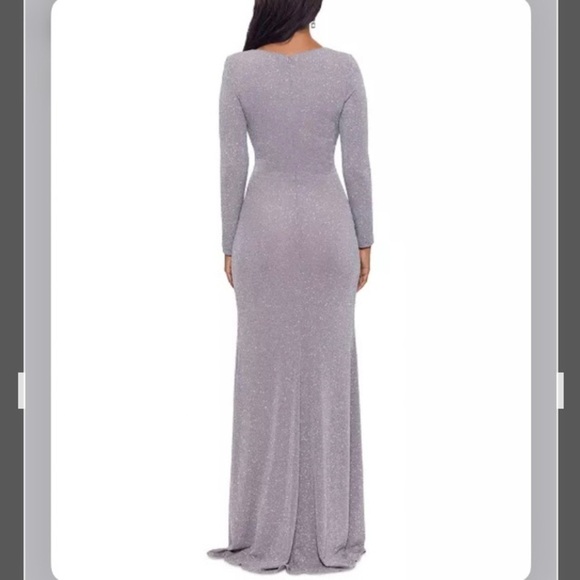 BETSY & ADAM V-neck Long Sleeve Metallic Ruffled Slit-Hem Gown in Granite - Picture 3 of 4